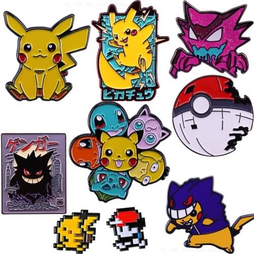 Pokemon Enamel Pins Pikachu Gengar Brooches Anime Cartoon Animals Brooch Bag Clothes Cosmic Badge Collection Jewelry Kid Gift