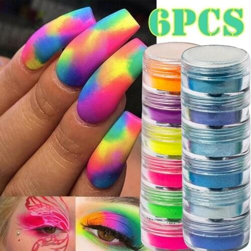 6PCS/set Fluorescent Nail Powder Multi-color Matte Mineral Neon Gradient Eyeshadow Shimmer Powder Pigment Eye Shadow Nail Powder
