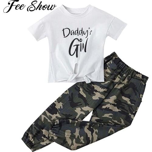 Kids Girls Cotton Summer Suit Tracksuits Running Sports Outfits Children Clothes Short Sleeves T-shirt with Camouflage Pants Set