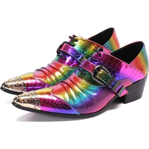 Italian Mens Shoes High Heels Genuine Leather Rainbow Color Snake Skin Print Formal Wedding Dress Sapato Social Masculino