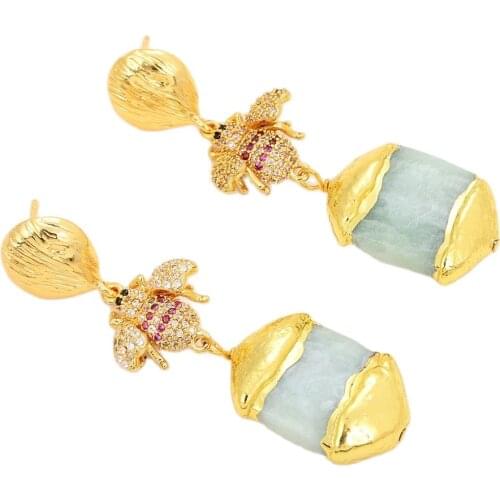 JK Natural Amazonite Gems Stone 24K Golden Plated Cz Pave Bee Beetle Hook Earrings