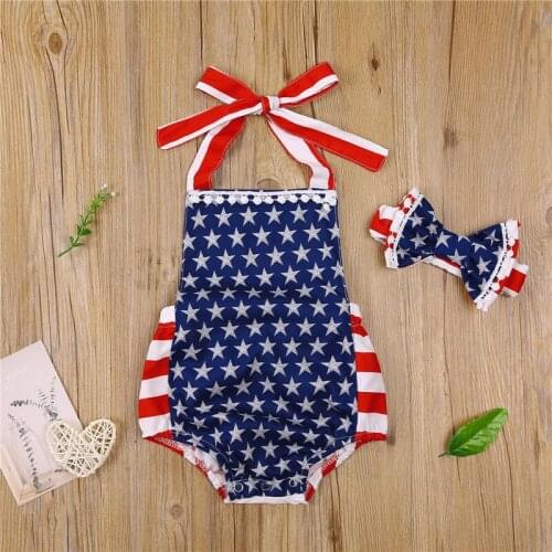 2Pcs Baby Star Stripe Halter Neck Backless Romper Headband Suit for Toddler Girls Clothes Independence Day Outfit 0-24 Months