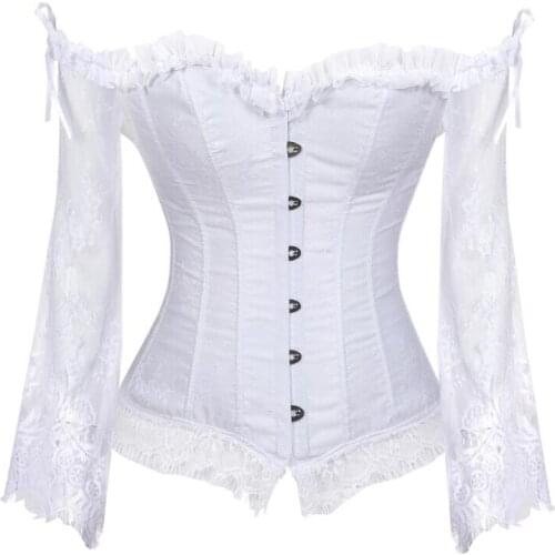 Gothic Corset Tops for Women with Sleeves Vintage Style Victorian Retro Burlesque Lace Corset and Bustiers Vest Fashion White