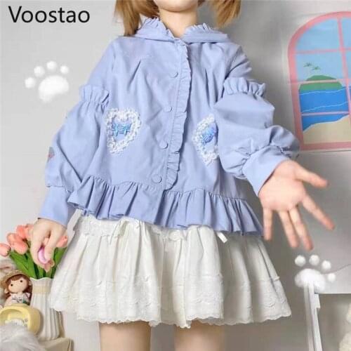 Japanese Spring Autumn Women Sweet Lolita Jacket Kawaii Rabbit Ears Hooded JK Coats Girls Cute Candy Lace Ruffles Tops Outwear