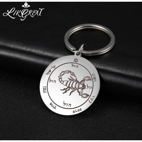 LIKGREAT Stainless Steel Key Chain for Women Men Scorpio Solomon Seal Round Pendant Key Ring Keychain Scorpion Vintage Jewelry