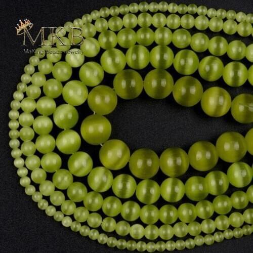 Natural Stone Olive Green Cat Eye Smooth Round Loose Beads For Jewelery Making 4 6 8 10 12mm Diy Bracelet Necklace 15inches