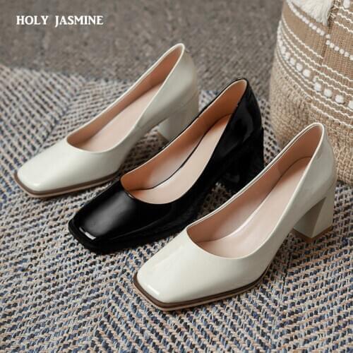 2021 New Women Pumps Chunky Heels Square Toe Pumps Casual Female Shallow Patent Leather Pumps Ladies Slip on Shoes Heels Women