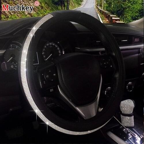New Diamond Leather Steering Wheel Cover with Bling Bling Crystal Rhinestones Universal Fit 38cm/15in Auto Interior Accessories