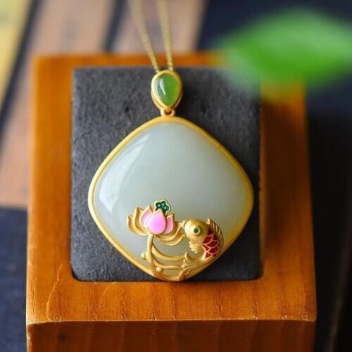 Natural Hetian white jade Koi Pendant Necklace Chinese style retro geometric lotus elegant creative womens jewelry