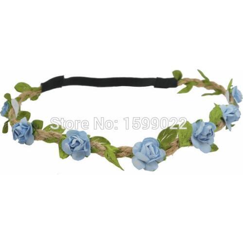 Bohemian Hemp Ice Blue Flower Headband Wedding Forehead Accessories Gypsy Headdress Diy Leaf Rattan Elastic Head Bands for Kids