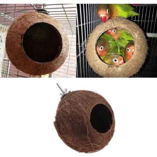 Bird Parrot Finch Nest Natural Coconut Shell Hanging Chain Cage Toys Swing House