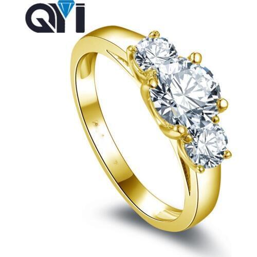 QYI 14K Solid Yellow Gold Three Stone Rings Women Round Cut Sona Simulated Diamond Engagement Wedding Band Ring
