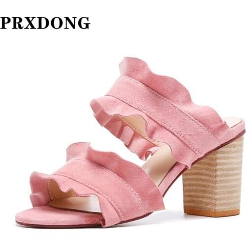 Tot Sale Women Sandals New Brand Summer Fashion Real Leather Thick High Heel Open Toe Sweet Pink Yellow Dress Party Casual Shoes
