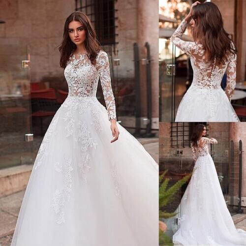 Tulle Jewel Neckline See-through Bodice A-Line Wedding Dress With Lace Appliques Frozen Long Sleeve Bridal Gown Vestido De Noiva