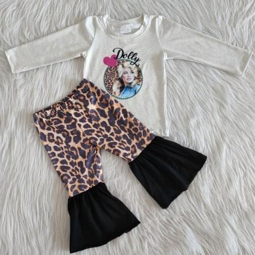 High Quality Kids Long Sleeve Printed Top With Ruffle Bell Bottom Pants Clothing Set Baby Girls Fall Boutique Outfits No Moq