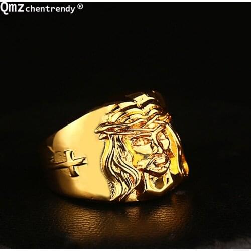 High quality HIP HOP Mens Cross Jesus Ring 24K GP Yellow Gold Ring for Men Size 7, 8,9 10,11