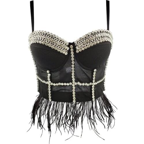 Women Sexy Designer Crystal Diamonds Mesh Black White Feathers Cotton Camisole Tops Summer 2021 Ladies Trendy Camis Crop Tops