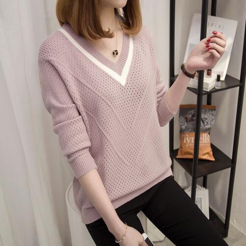 Spring Autumn Womens Sweater Slim Warm Pullovers Sexy Hollow Sweaters Women Loose Knitted Female V-neck Small Fresh Sweater