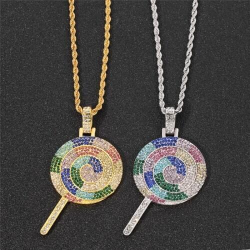 Hip Hop Bling cute lovely girl women jewelry rainbow cz multicolor lollipop pendant chain necklace iced women jewelry