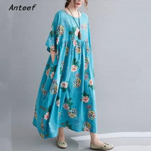 Short sleeve cotton linen vintage floral dresses for women casual loose long woman summer dress elegant clothes 2021