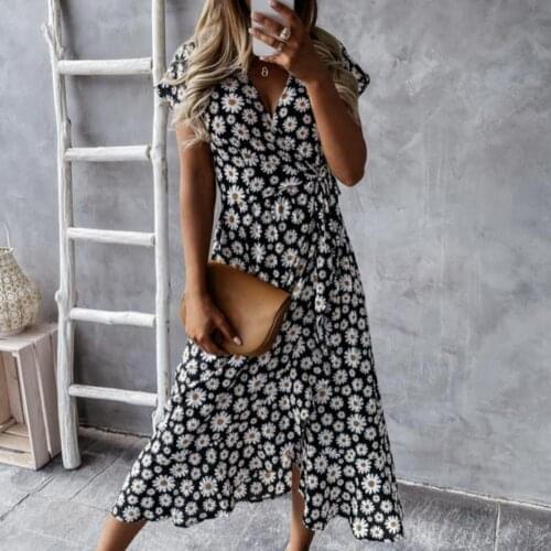 2021 New in Fashion Summer Dress Deep V-Neck Wide Hem Female Women Vintage Floral Printing High Waist Dress for Beach Camping