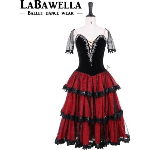 Romantic Tutu Ballerina Tulle Dress Don Quixote Variation Black Red Professional Ballet Long Tutu Spanish Ballet Costume BT9500