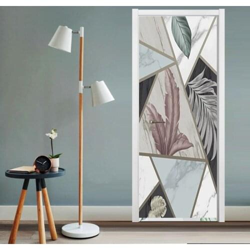 3D Geometric Pattern Green Leaves Door Sticker Living Room Bedroom Waterproof PVC Self-adhesive Photo Mural Poster Wall Decals