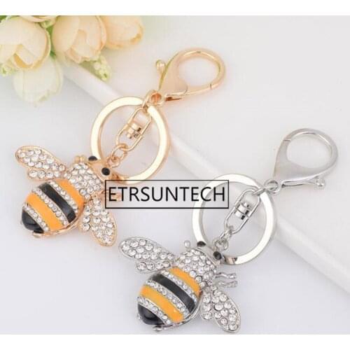 50pcs Creative Bee Car Key Chain Zinc Alloy Metal Key Ring Christmas Gift Rhinestones Inlay Keychain Pendant