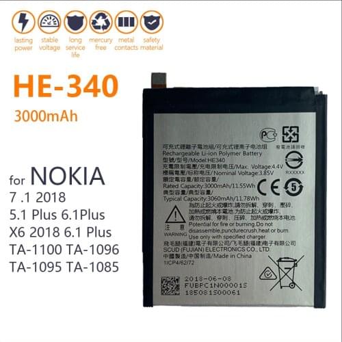 100% Genuine HE340 Phone Battery For Nokia 7 .1 / X6 2018 6.1 Plus / TA-1100 TA-1096 TA-1095 TA-1085 / 5.1 Plus HE342 Batteries