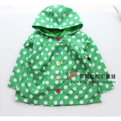FREE SHIPPING - children/kids/girls/baby green polka dots jacket, spring/summer jacket, thin jacket, waterproof, size 12M to 5Y