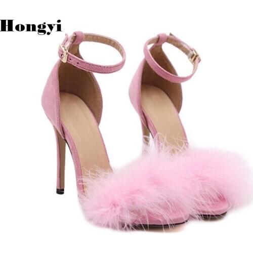 Women Summer High Heel Sandals Suede Fur Thin High Heel Shoes Woman Ankle Strap Buckle Sandal size 35-43