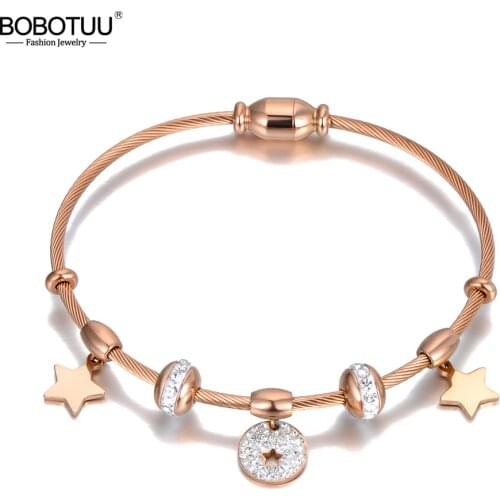 BOBOTUU Trendy Clay CZ Crystal Star Charm Bracelets Bangle For Women Stainless Steel Bohemia Beach Link Chain Bracelet BB20020