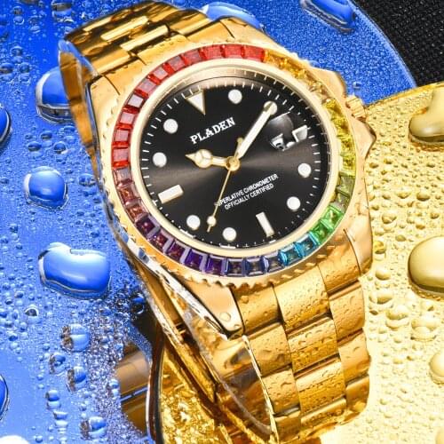 PLADEN Gold Luxury Brand Luminous Man Watch Waterproof Rainbow Diamond Mens Quartz Wristwatches Casual Men Gift Reloj De Hombre