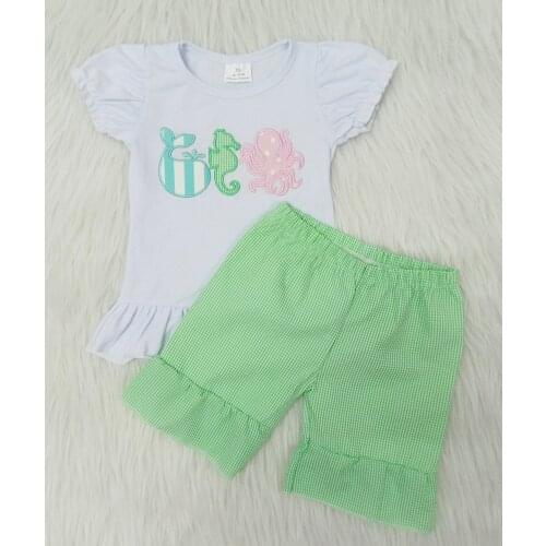 Cute animal pattern children outfit new arrival girl summer outfit with seersuckers shorts and white top