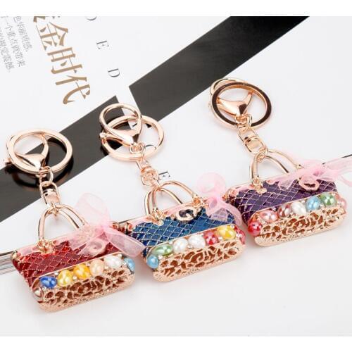 Dongsheng New Style Shaped Metal Bag Charming Purse Handbag Keychain Beads Keychain Handbag Pendant for Women Men Car Keyring