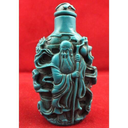 Collectible Rare Oriental Vintage Carved Turquoise Longevity Old Man Shou Star Blue Snuff Bottle