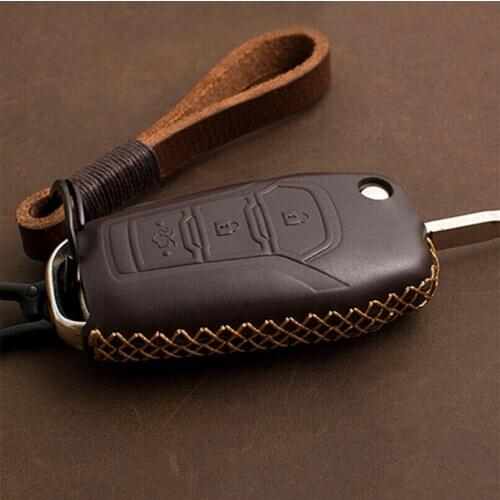Leather Retro Style Key Fob Case Holder Protect Cover Accessories For Ford 15-19
