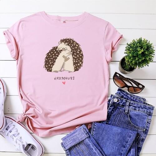 100% Cotton Summer Hedgehog print Womens T-shirt O-Neck Harajuku Top Casual Female T shirt Oversized Size S-5XL