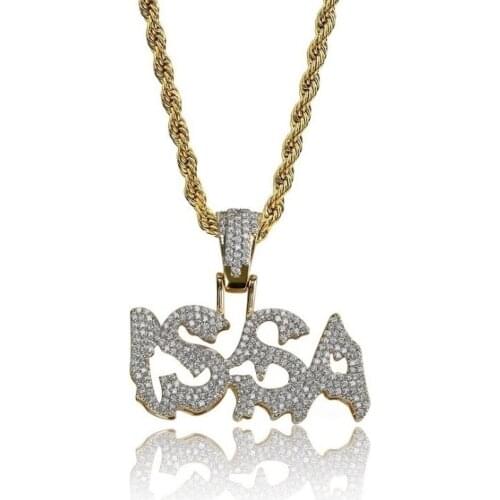 Personality Mens Ice Word Combination Pendant Necklace Rope Chain Golden Shiny Cubic Zircon Mens Hip Hop Jewelry