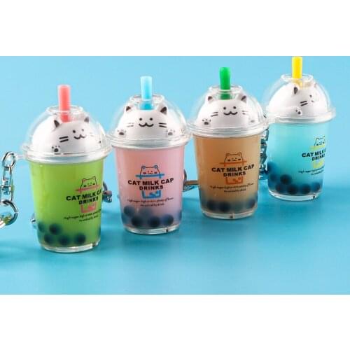 Cute Mini Simulation Pearl Milk Tea Keychain Crystal Quicksand Sequin Key Chain Key Ring Bag Pendant for Women Wholesale