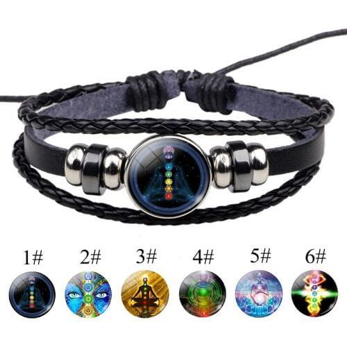 Fashion Accessories Seven Chakra Yoga Button Bracelet Reiki Healing Spiritual Jewelry Black Woven Leather Bracelets Women Gift