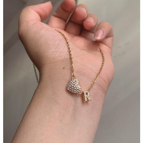Simple Small Cubic Zircon Initial Letter Heart Name Pendant Necklace Trendy Gold Color CZ Alphabet Charm Collar Steel Thin Chain