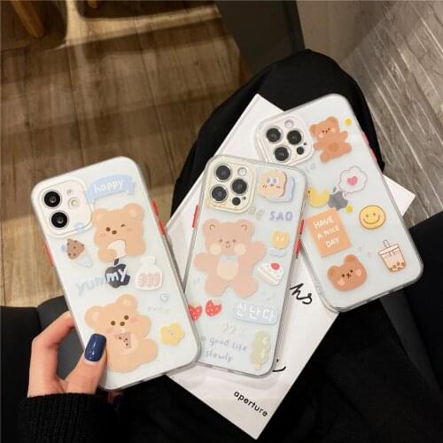 Cute Korea Cartoon Bear Soft TPU Clear Phone Case for iPhone XR XS 11 12 Mini Pro Max X 8 7 Plus SE 2020 Transparent Back Cover