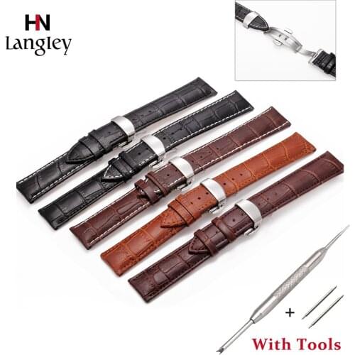 High Quality Genuine Leather Watchband Butterfly Buckle Bands Slub Grain Cowhide Strap Accessories 12 14 16 18 19 20 21 22 mm