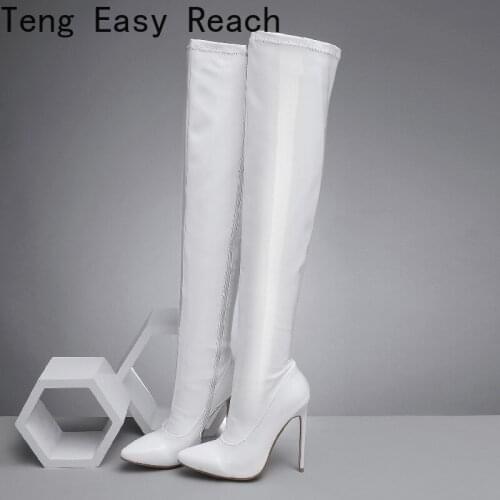 Women Over Knee High Boots Woman Patent Leather Stretch High Heel Boots Sexy Ladies Pointed Toe Thin Heel Botas Mujer size 47