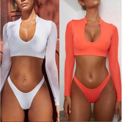 Sexy Bikini 2020 Sport bikini Women V-neck Hollow Mesh Long Sleeve Swimwear High Waist Bathing Suit Beach Tankini Set Two Piece