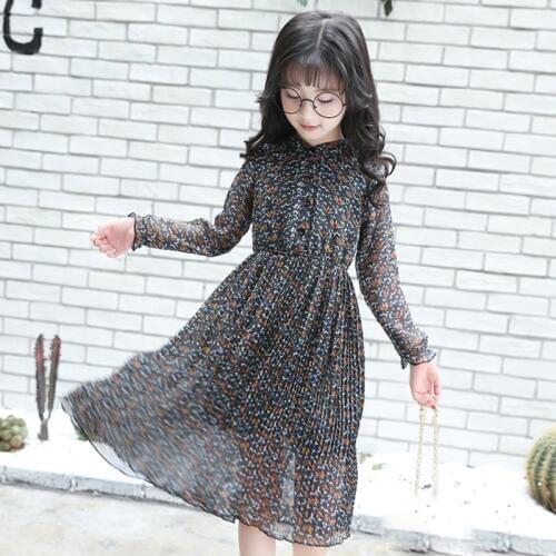 Girls Chiffon Dress Summer Vintage Floral Kids Dresses for Girls Long-Sleeved Princess Teenage Girls Clothes RT554