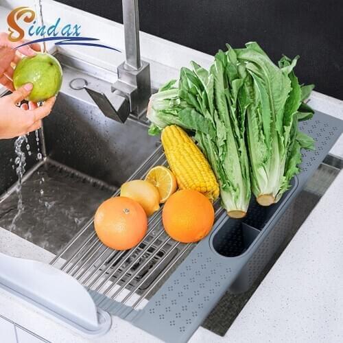 Stainless Steel Dish Drying Rack Over The Sink Roll Up Silicone Coated Multipurpose Foldable Kitchen Dish Drainer Rack Dropship