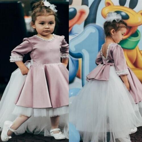 Jewel A-line Flower Girl Dresses 3/4 Long Sleeves Beaded Lace Appliques Tea Length For Wedding Girl Pageant Gowns