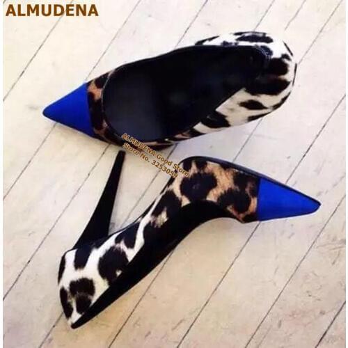 ALMUDENA Spike Heel Blue Pointed Toe Dress Shoes Sexy Leopard Color Patchwork Gladiator Pumps Slip-on Nightclub Footwear Size43